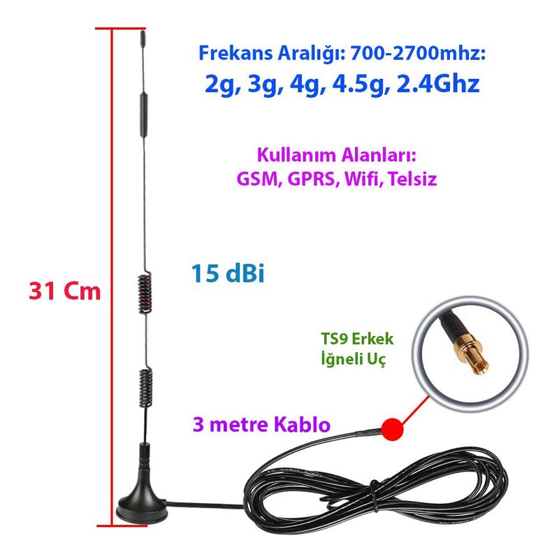 15 dBi TS - 9 İğneli Manyetik Tabanlı Tel Anten