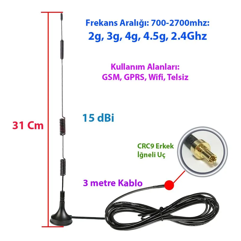 15 dBi CRC - 9 İğneli Manyetik Tabanlı Tel Anten