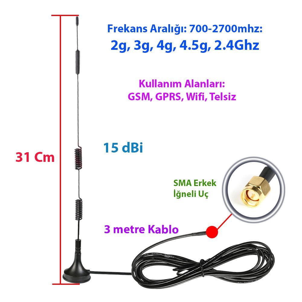 15 dBi SMA İğneli Manyetik Tabanlı Tel Anten
