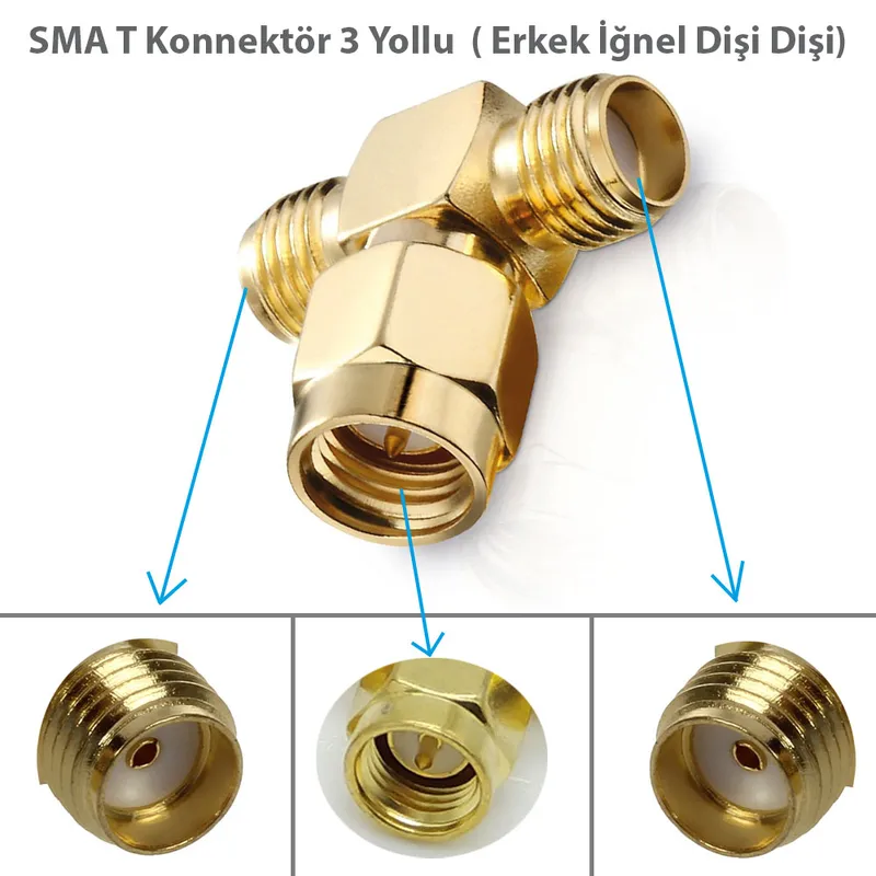 SMA T Adaptör Erkek İğneli - Dişi + Dişi Konnektör Çoklayıcı